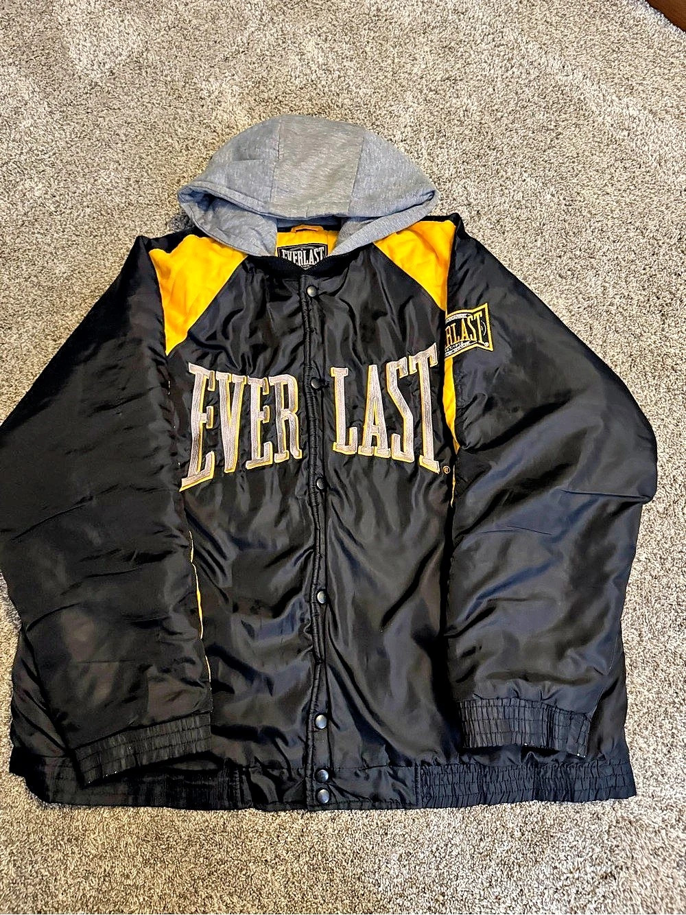 Vintage Everlast Satin Bomber Jacket XL Black Yellow Hooded Quilted Liner Boxing